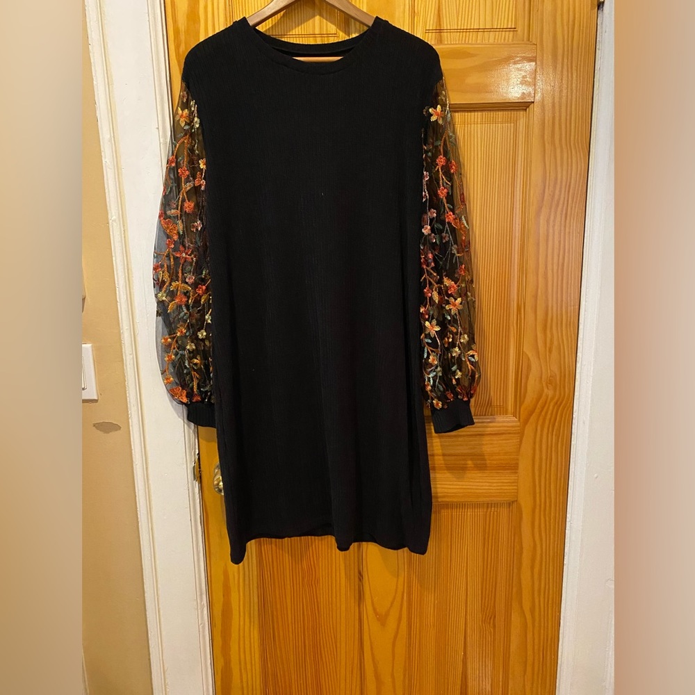 Sweater Dress with Sheer Floral Sleeves